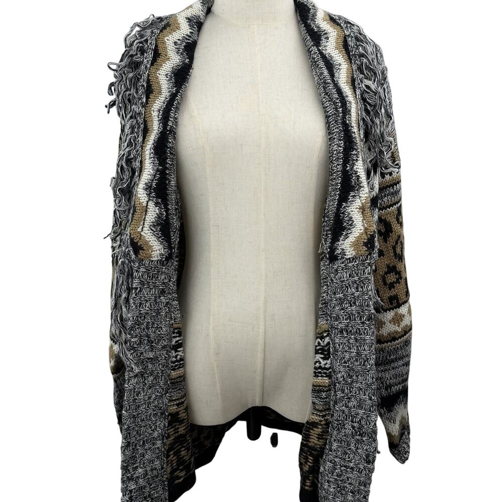 Vintage 80s Together Cardigan Sweater Medium Leopard Print Fringe Chunky Knit - Picture 5 of 13